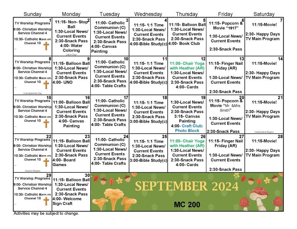 September 2024 Calendar - Memory Care